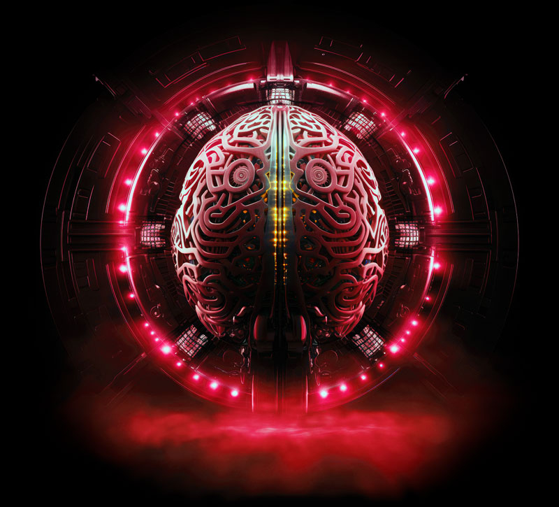 Brain inside a ring with red lights and electricity connected to it
