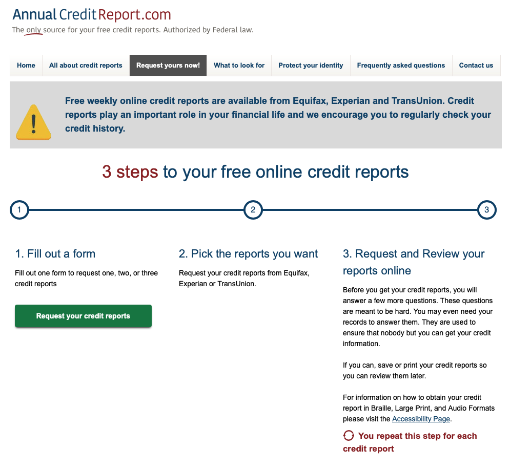 screenshot of free annual credit check signup