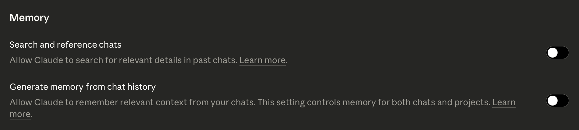 Anthropic memory options settings showing how to disable persistent memory storage