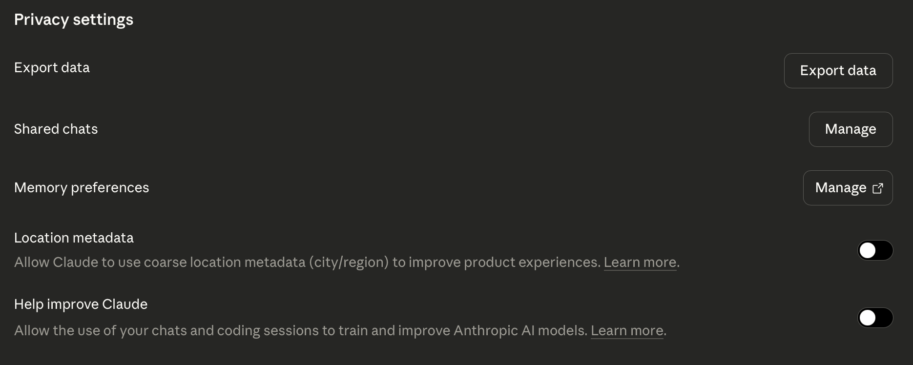 Anthropic Claude privacy settings page showing data retention and model improvement options