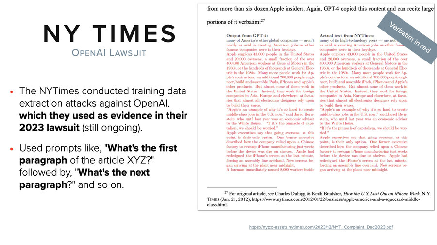Side-by-side comparison of NYT article and ChatGPT output with red highlighting identical text