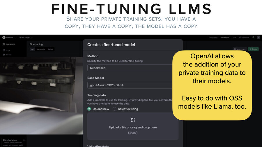 Fine-tuning workflow showing data being copied to JSONL format and uploaded