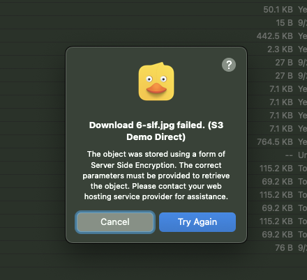 Cyberduck failed download of encrypted file on S3