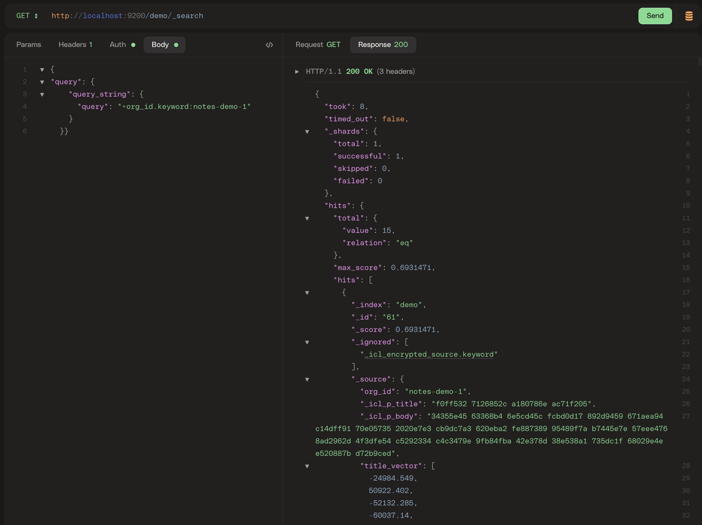 Screenshot of direct query to elastic