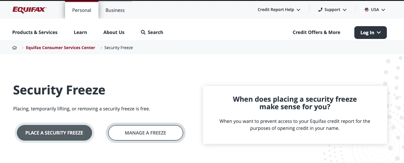 screenshot of equifax's credit freeze web page