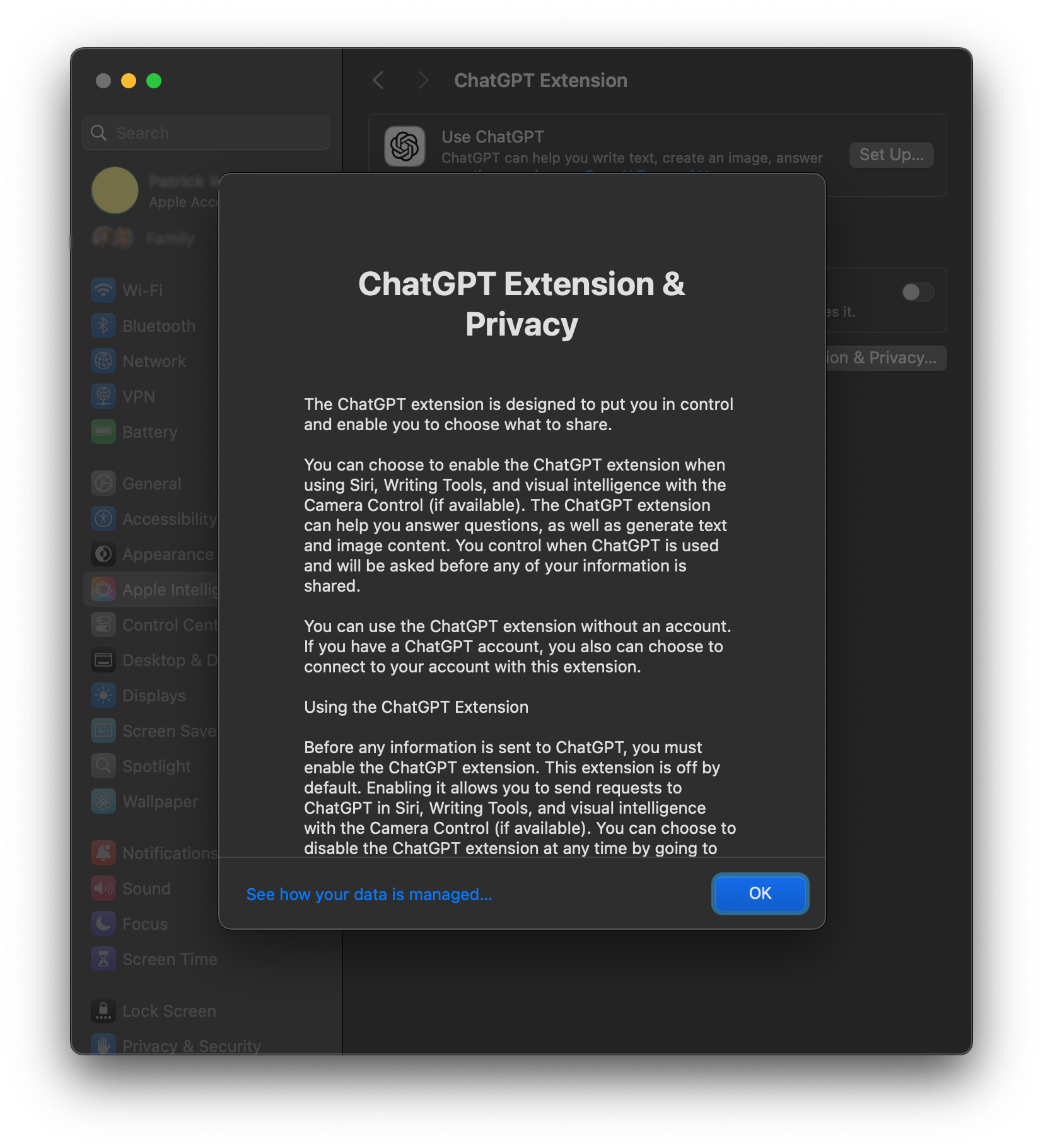 Apple's inline settings privacy statement