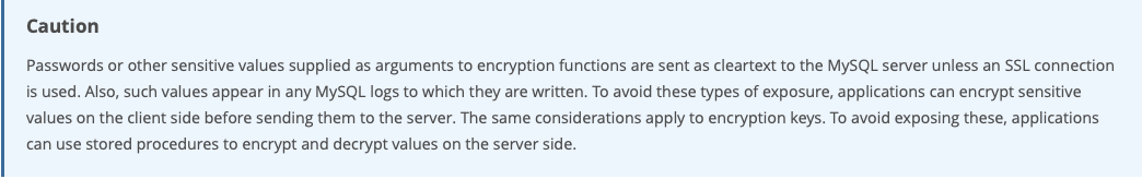 Screenshot of MySQL documentation caution note