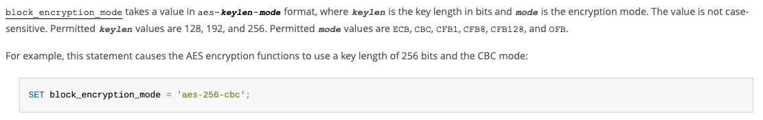 Screenshot of MySQL docs on setting encryption mode