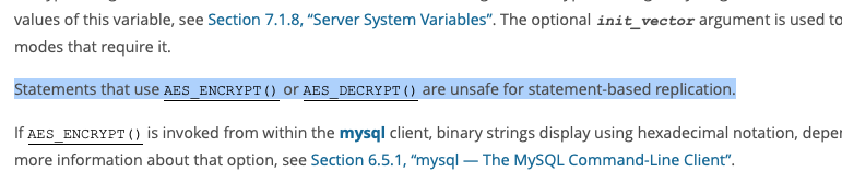 Screenshot of MySQL statement on encryption being unsafe for replication