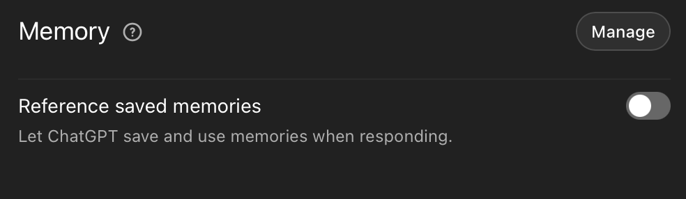 OpenAI memory settings interface showing memory management options