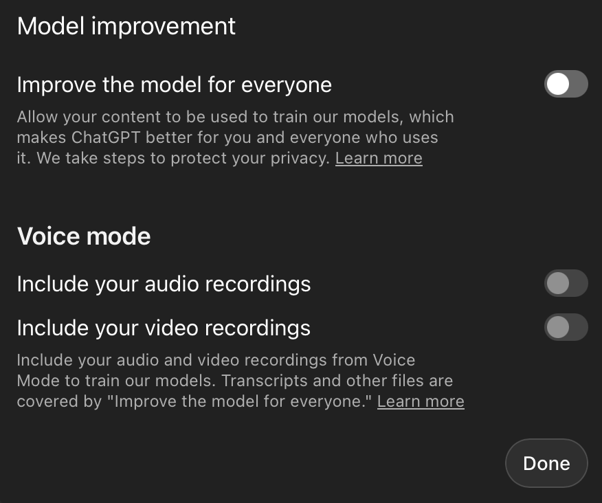OpenAI settings page for model improvement showing the toggle to opt out of training data usage