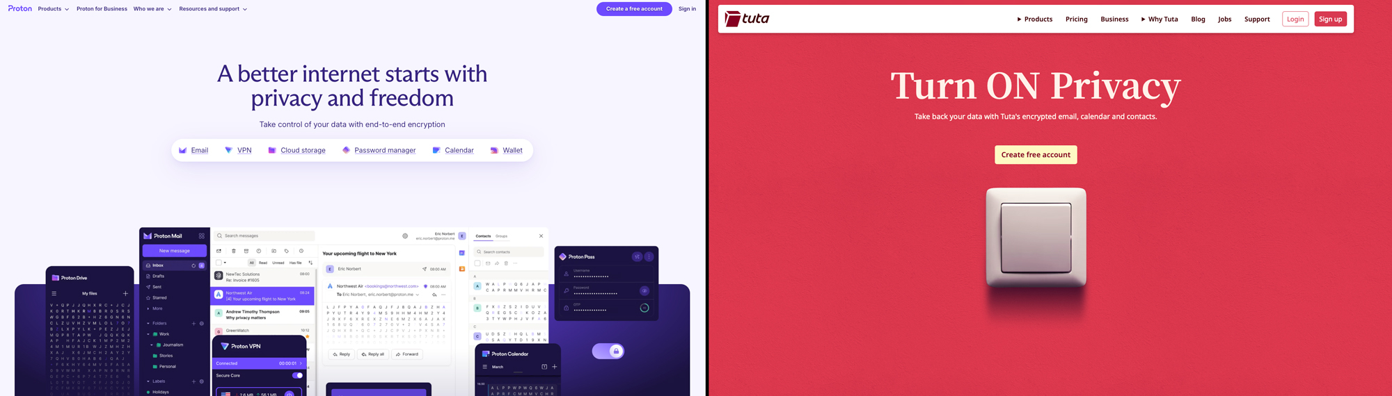 proton and tuta home page screenshots