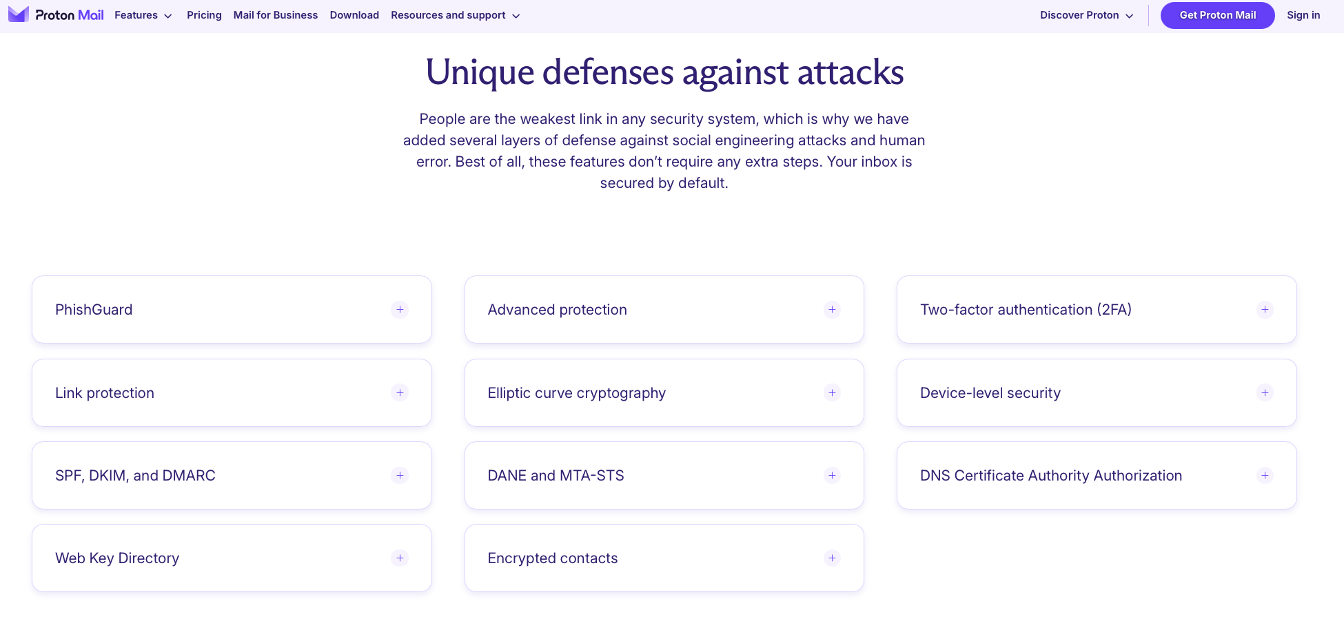 screenshot of proton mail features