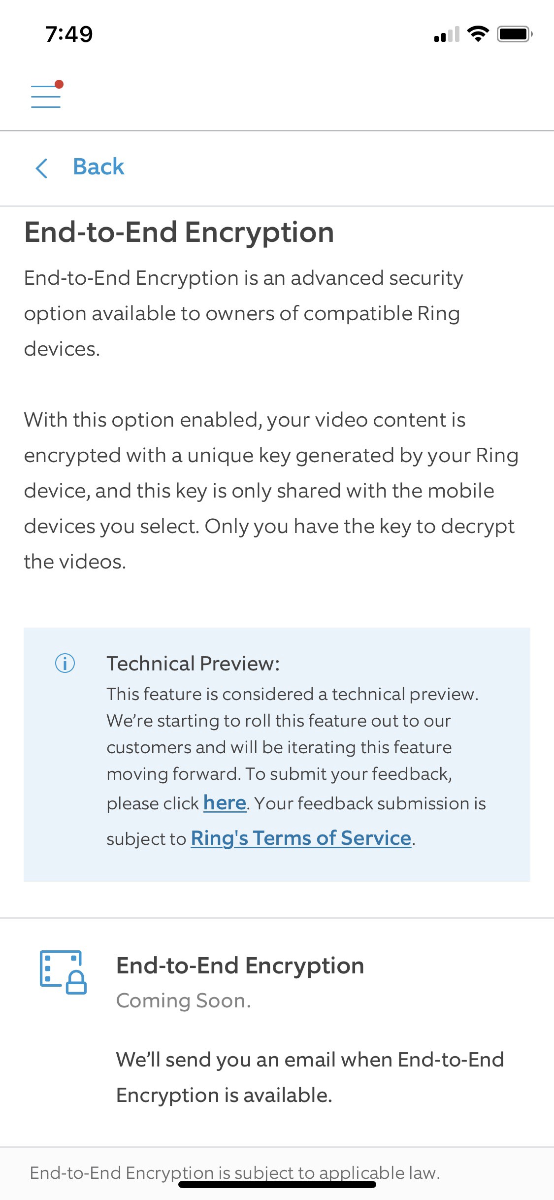 Ring's app on January 25, 2021 — says Technical Preview and Coming Soon.