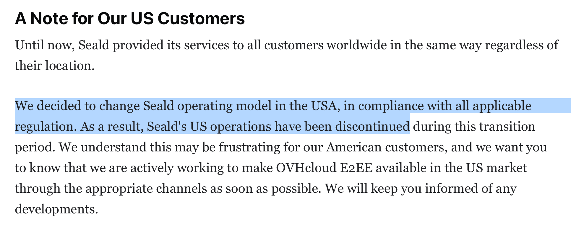 Seald blog post blaming regulation for stopping services to U.S. customers