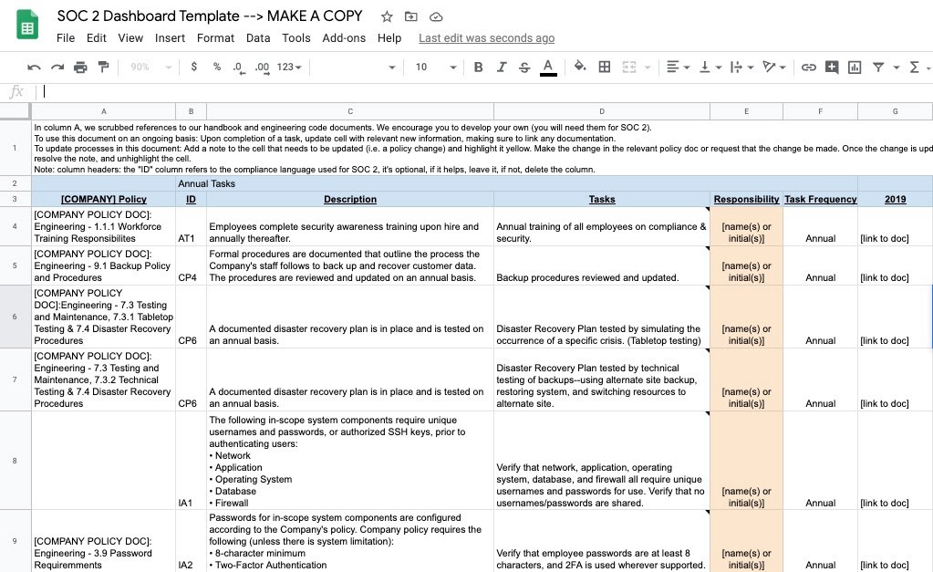 Free Google Sheets SOC2 Tracker