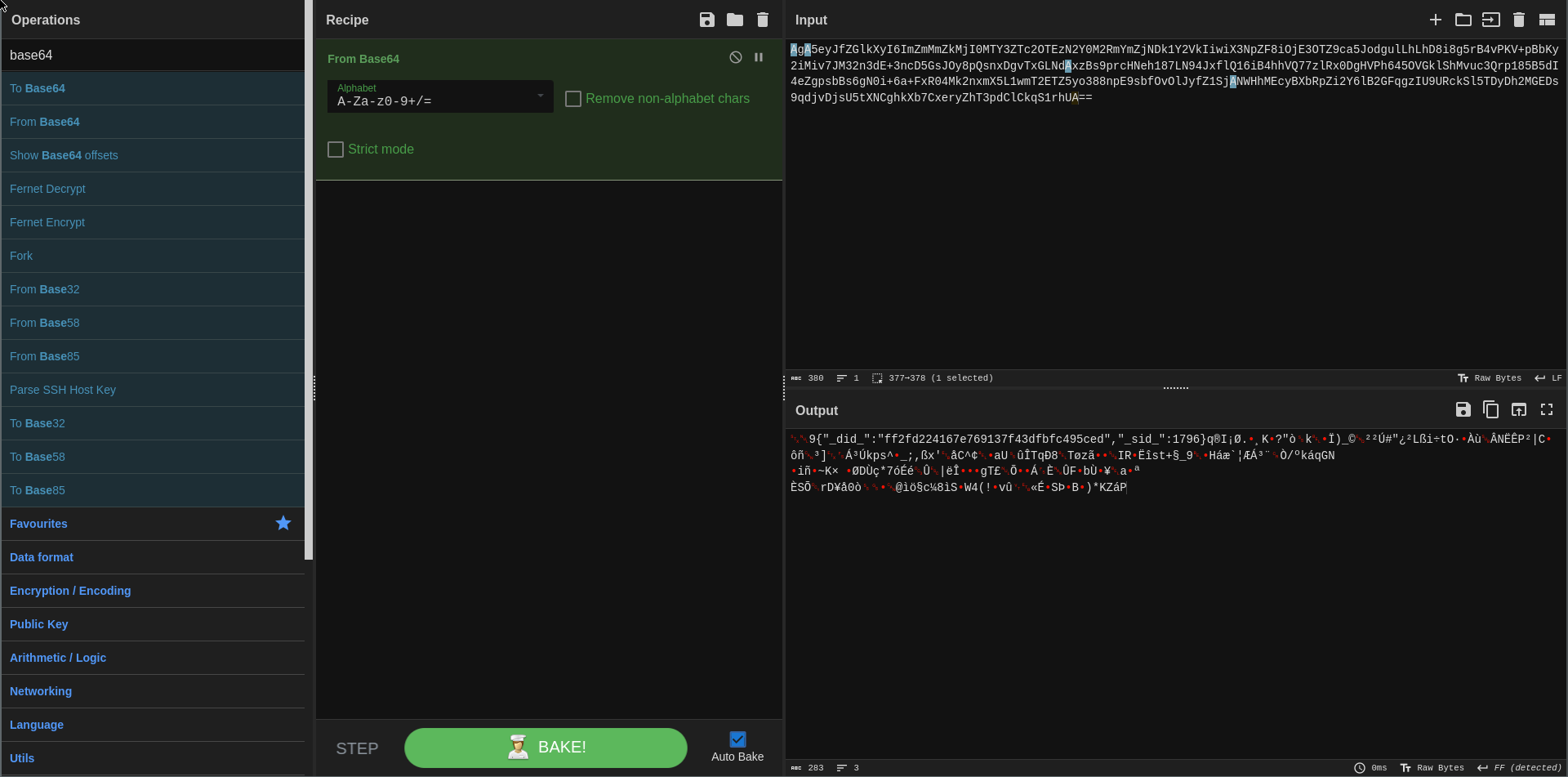 cyberchef ui with from base64 tool showing binary output that includes a section of readable text at the start
