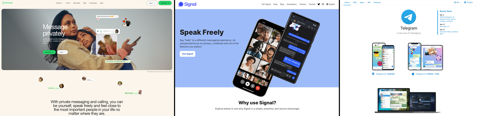 homepages of whatsapp, telegram, and signal