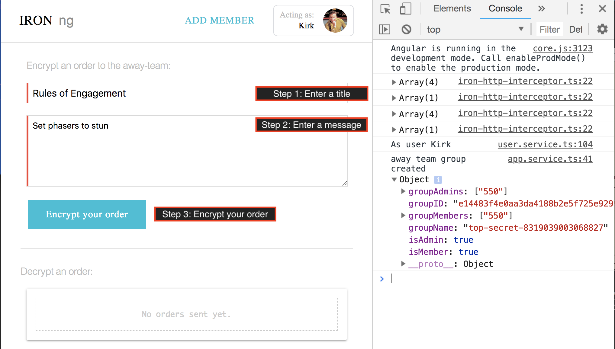 Screenshot of angular app showing Kirk entering an order: Set phasers to stun