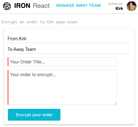 Screenshot of sample app allowing Kirk to enter an order