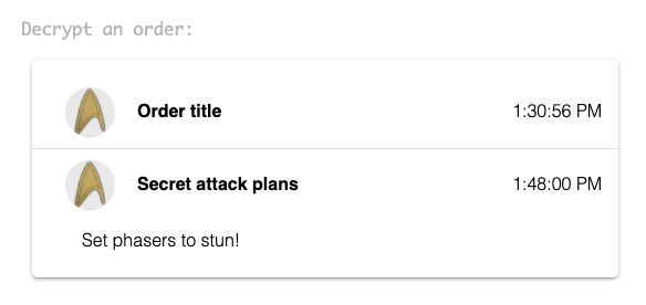 Screenshot of sample app showing orders that can be decrypted