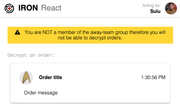 Screenshot of sample app showing Sulu with an error message saying he can't decrypt