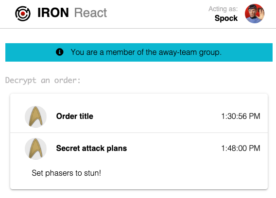 Screenshot of app after Spock was added to the group showing he can now decrypt orders