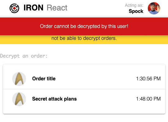 Screenshot of sample app logged in as Spock and unable to decrypt orders