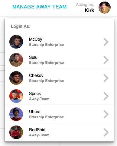 Screenshot of sample app showing list of crew members the app can log in as