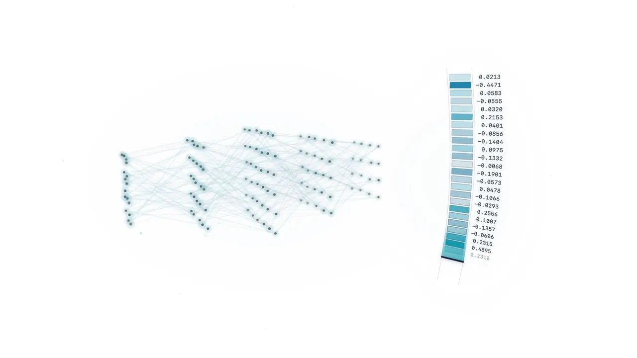 A sentence, "Patient Maria Okafor was referred for an oncology follow-up.", types onto a floating glass card and splits into glowing token pills. The tokens fly into a slowly orbiting 3D neural network. Signal pulses race layer by layer through the network and its nodes flare. From the last layer a 384-dimension embedding vector streams out as a tall 3D ribbon of float values, and a counter reaches 384 dimensions. Only numbers remain, then the scene fades and loops.